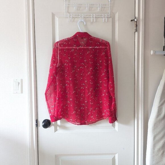 Rw & Co Red Floral Sheer Ruffle Button Up Blouse - Picture 2 of 2